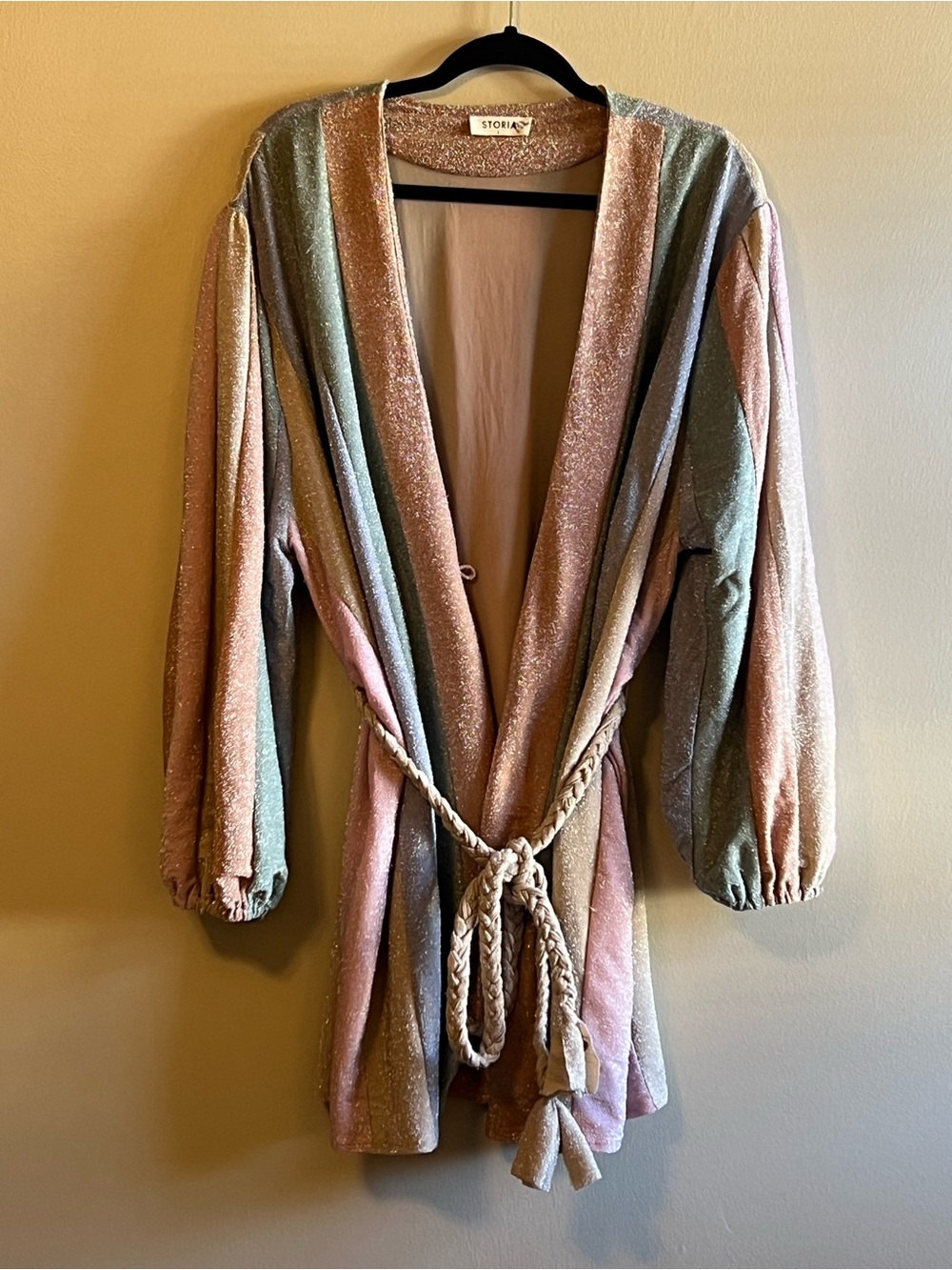 Storia Pastel Shimmer Striped Kimono with Braided Tie